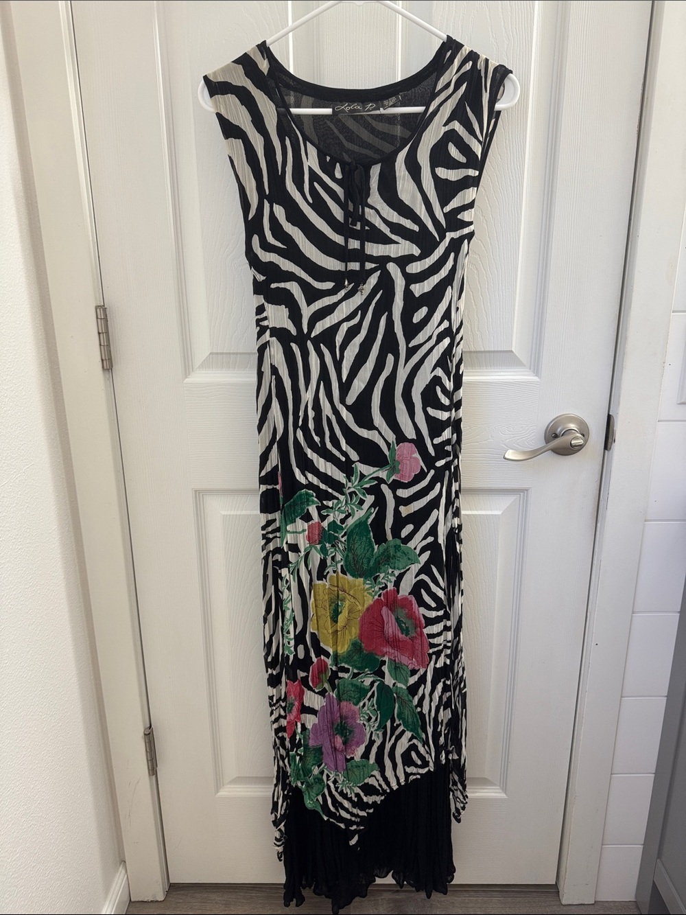 Sleeveless Zebra Print Maxi Dress with Floral Embroidery